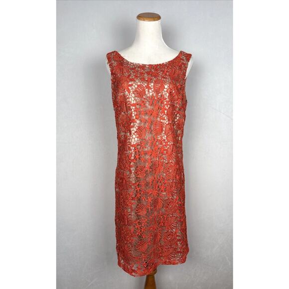 Oleg Cassini Lace Shift Dress 10 Orange Sleeveless Scoop Back Knee Length Party - Picture 1 of 10